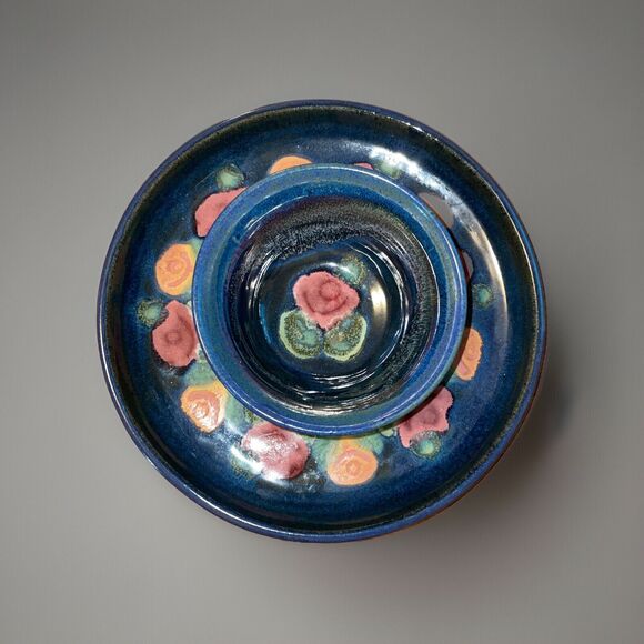 Susan DeMay Floral Blue Pottery Two Piece Chip And Dip Set Signed - Picture 1 of 12